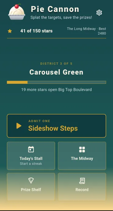 The home screen: your star total, the district you are working through, and the next stall waiting