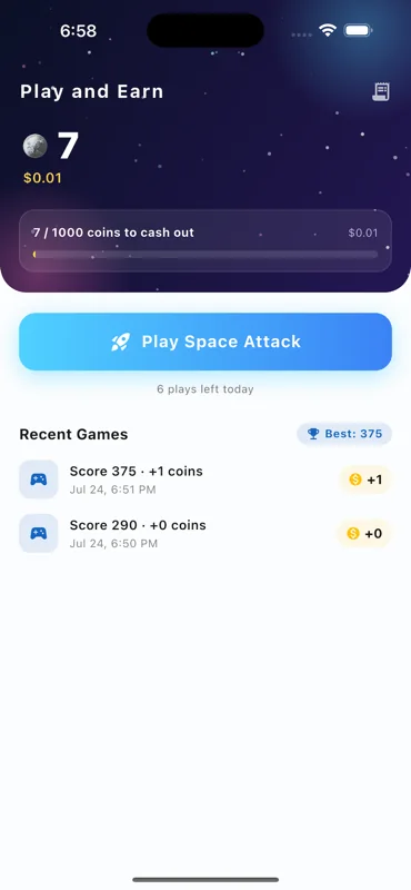 Your coin balance, progress towards cashing out, and recent games