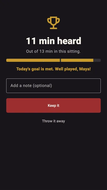 The finish screen: 11 minutes heard out of 13, and the day's goal met