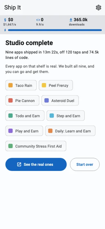 The finish card. Every app on the shelf is real, and every one is a link