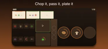 A shift in progress: three orders on the rail, a pepper chopping on the board, and a potato and a mushroom in the pans