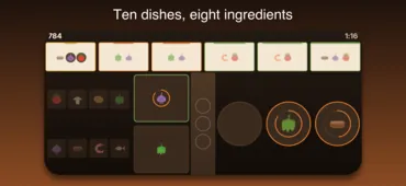 A later kitchen: all eight ingredient bins, a rail of two- and three-part orders, and three pans going at once