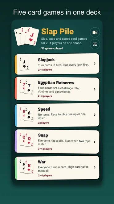 The home screen: the five games laid out as a hand of cards