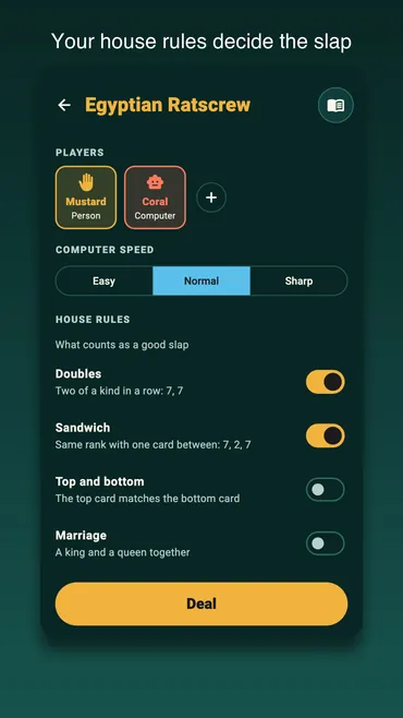 Setting up Egyptian Ratscrew: the players, the computer's speed and the house rules