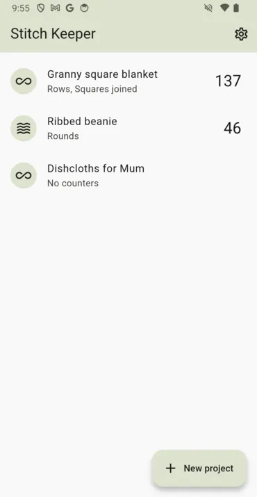 The project list, one row per thing you are making