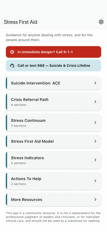 The home screen: two crisis buttons above the seven sections
