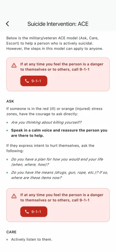 Suicide Intervention: the ACE model, with 9-1-1 reachable from the screen