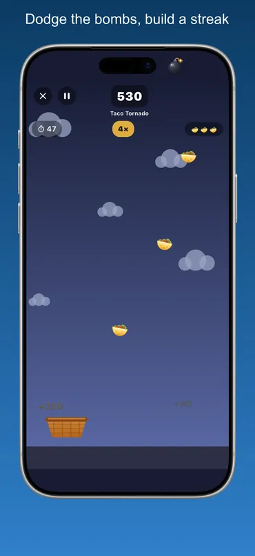 A round in progress: the clock, the score, the multiplier, and three misses to spend