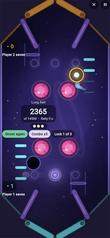 A two-player game on Long Rail: a set of flippers at each end, the shared score in the middle, and each player's saves