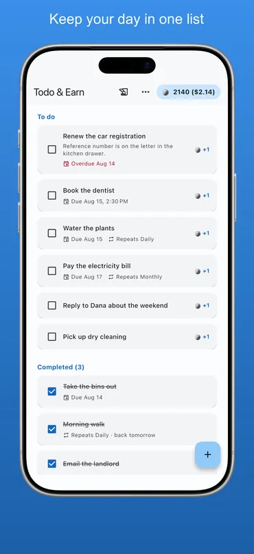 The list itself, with due dates and repeating tasks