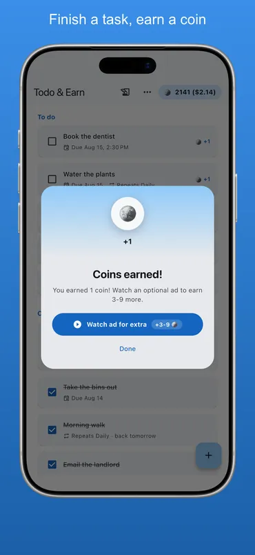 Finishing a task pays a coin
