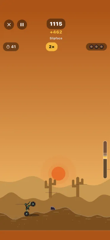 A wheelie on Slipface, level 13, with 462 points waiting in the pot under the score and the balance meter at the right edge
