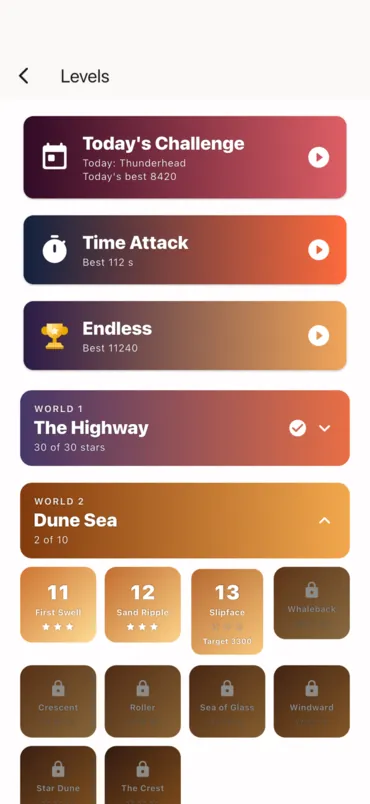 The level list: Today's Challenge, Time Attack and Endless above the worlds, with the Highway finished at thirty of thirty stars